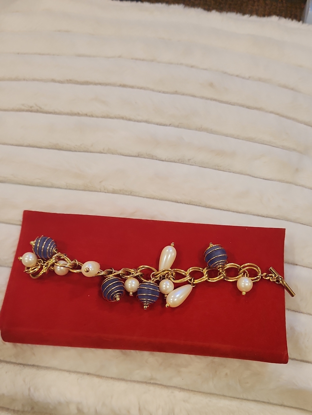 Gold Chain Charm Bracelet with Navy Enamel Beads and Pearl Drops